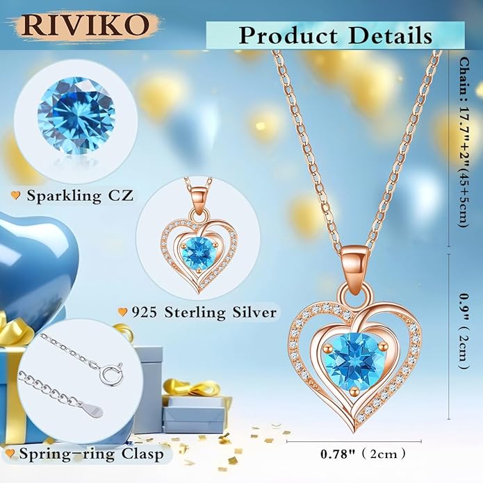 RIVIKO Heart Birthstone Pendant Necklace for Women 925 Sterling Silver Zirconia Necklaces Wedding Anniversary Birthday Mothers Day Jewelry Gifts For Her Mother Wife
