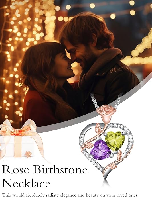 Jewelry for Her Double Heart Rose Birthstone Pendant Necklace Anniversary Jewelry Christmas Birthday Gifts for Women Wife Girlfriend