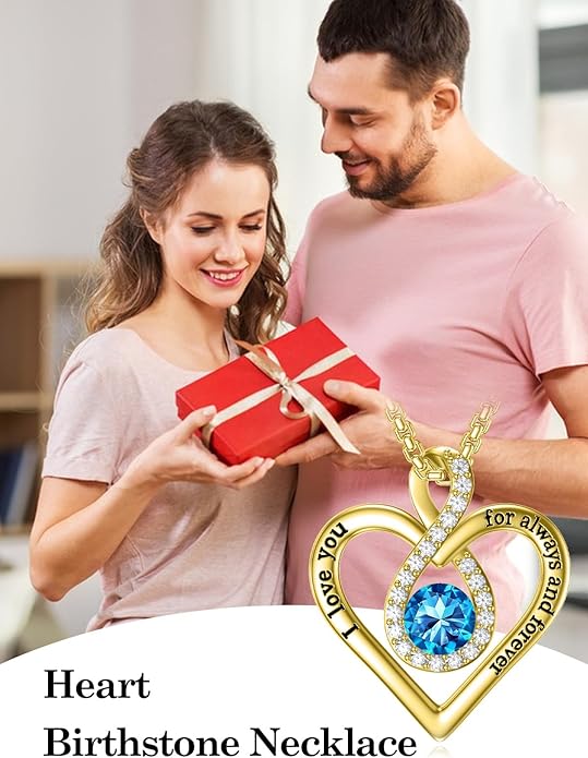 I Love You For Always and Forever Birthstone Necklace Infinity Love Heart Pendant Jewelry Christmas Valentine Mothers Day Birthday Gifts for Women Her Wife Girlfriend