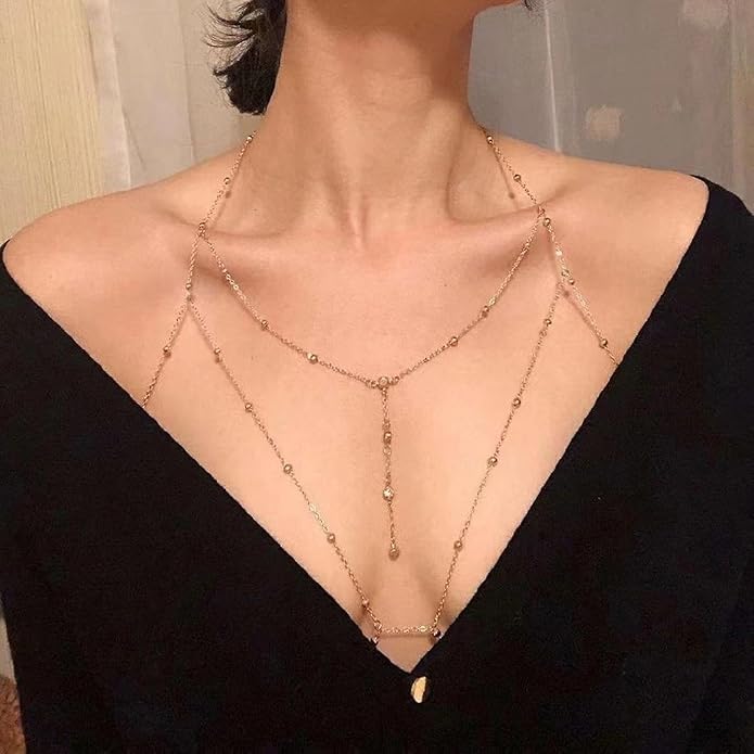 14K Gold Body Chains for Women, Sexy Layered Belly Waist Chain Bikini Bra Chain, Summer Beach Rhinestone Body Jewelry