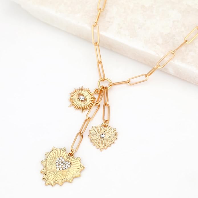Charm Necklace for Women Gold Evil Eye Sun Moon Flower Coin Pendant Necklace Dainty Paperclip Chain Vintage Luck Amulet Choker Necklaces Celestial Jewelry Gift