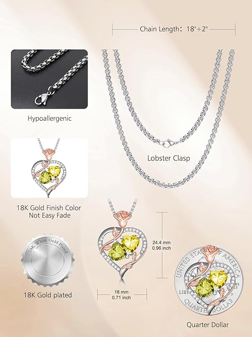 Jewelry for Her Double Heart Rose Birthstone Pendant Necklace Anniversary Jewelry Christmas Birthday Gifts for Women Wife Girlfriend