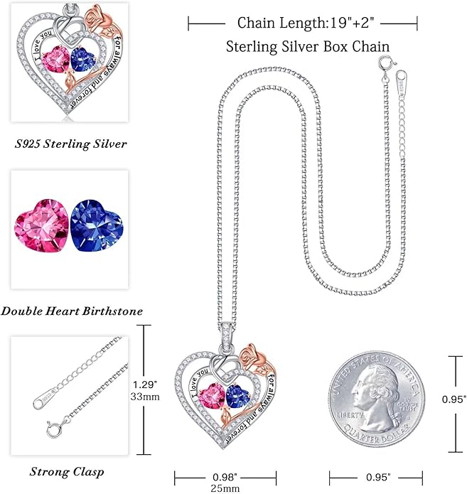 Iefil Rose Heart Necklace Gifts for Wife Women - 925 Sterling Silver Double Birthstone Necklace, Anniversary Birthday Gifts for Women, Jewelry Gift for Wife Girlfriend Mom Her
