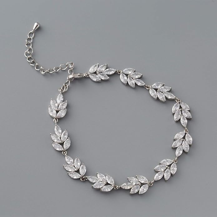 SWEETV Bracelet Wedding Bridal for Brides,Bridesmaid-Crystal Cubic Zirconia Bracelet Leaf Vine Vintage Style