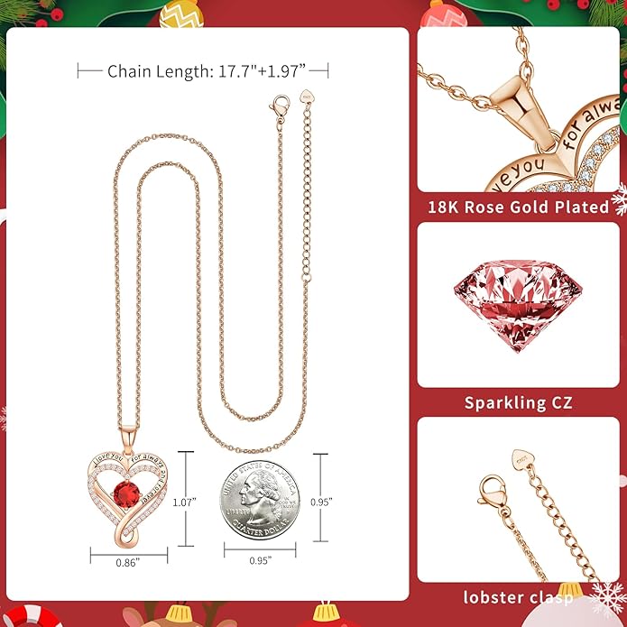 Infinity Heart Birthstone Necklace for Women Wife 18K Rose Gold Plated,Anniversary for Women Wife Her Birthday Gift for Girlfriend Mom Daughters, I Love You Women's Jewelry
