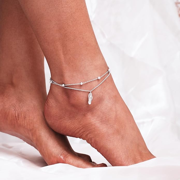 CHIC & ARTSY Womens Sterling Silver Created Opal Layered Anklet Bracelet Dainty Beaded Chain Adjustable 11" Best Friend Anklet