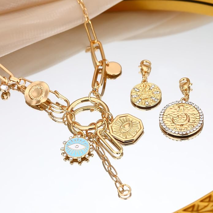 Charm Necklace for Women Gold Evil Eye Sun Moon Flower Coin Pendant Necklace Dainty Paperclip Chain Vintage Luck Amulet Choker Necklaces Celestial Jewelry Gift