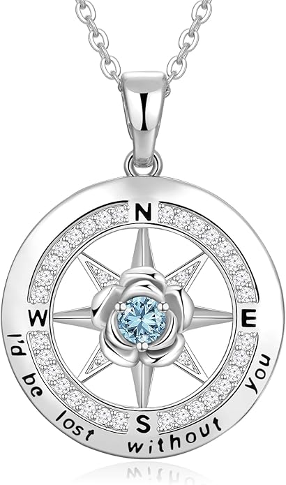 Silver Compass Necklace for Women Birthday Gifts for Wife Anniversary Necklace for Women Rose Flower Birthstone Necklaces for Wife Jewelry for Womens Girlfriend Mom Daughter