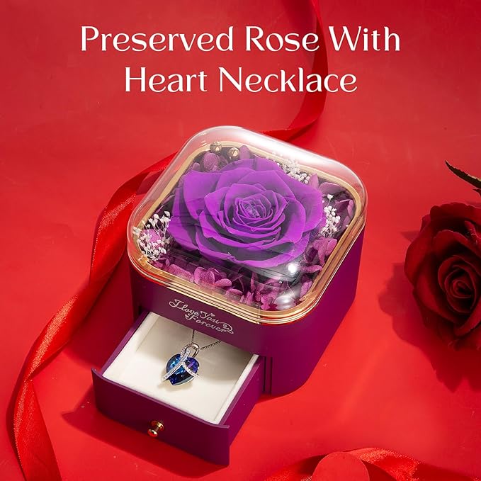 WILDLOVE Preserved Real Purple Rose with Heart Necklace, Forever Flowers Gifts for Mom Grandma Wife Girlfriend at Christmas, Valentines, Mothers Day, Anniversary or Birthday Gifts for Women