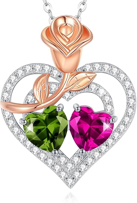 AGVANA Birthstone Necklace for Women Sterling Silver Rose Flower Heart Double Birthstone Jewelry Pendant Necklace Anniversary Birthday Gifts for Women Mom Wife Girlfriend Her