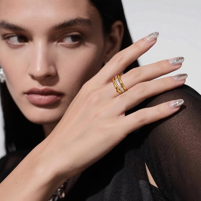 14K Gold Plated Interlocked Stackable Rings for Women Non Tarnish,Gold and Silver Cubic Zirconia Statement Rings Set,Mixed Metals Ring Two-Toned Connected Bands Stacking Jewelry