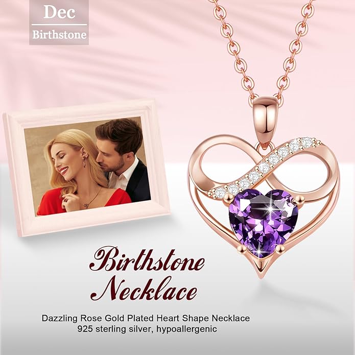 Rose Gold Birthstone Necklaces Heart Birthstone Pendant Necklaces For Women Valentine's Day Mother's Day Anniversary Christmas Gifts