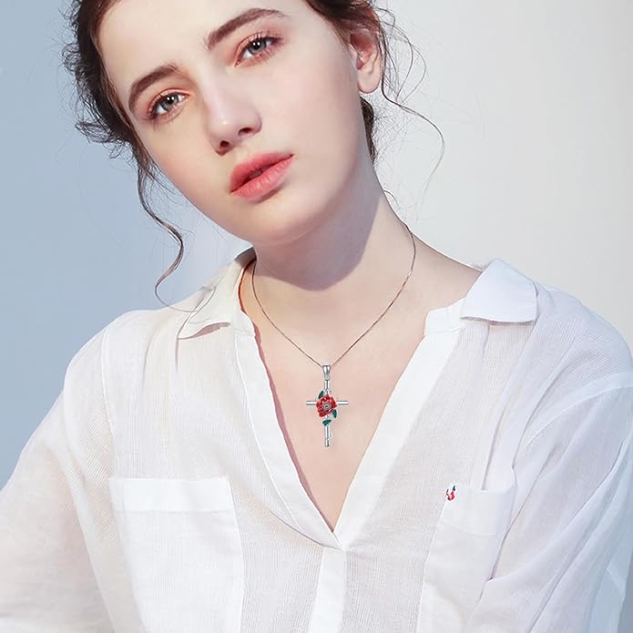Flower Cross Necklace 925 Sterling Silver Carnation/Rose/Lily/Daisy Cross Necklace Birth Flower Jewelry for Women