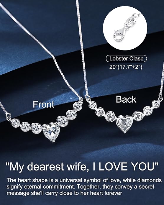 Moissanite Necklace for Women, 1.7-7.6 Carat Heart Necklace Engraved 'I LOVE YOU' Gift for Wife, Wedding Anniversary Birthday Gifts for Women, Jewelry Gifts for Her Wife Mom Girlfriend Lady