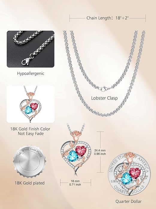 Jewelry for Her Double Heart Rose Birthstone Pendant Necklace Anniversary Jewelry Christmas Birthday Gifts for Women Wife Girlfriend