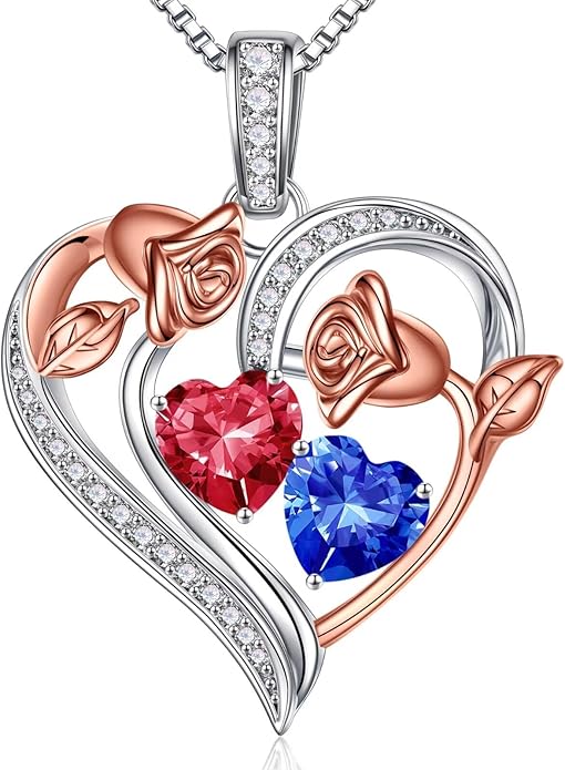 Iefil Birthstone Necklace for Women - 925 Sterling Silver Rose Heart Necklace, Birthstone Jewelry, Anniversary Birthday Gifts for Wife Girlfriend Mom Daughter