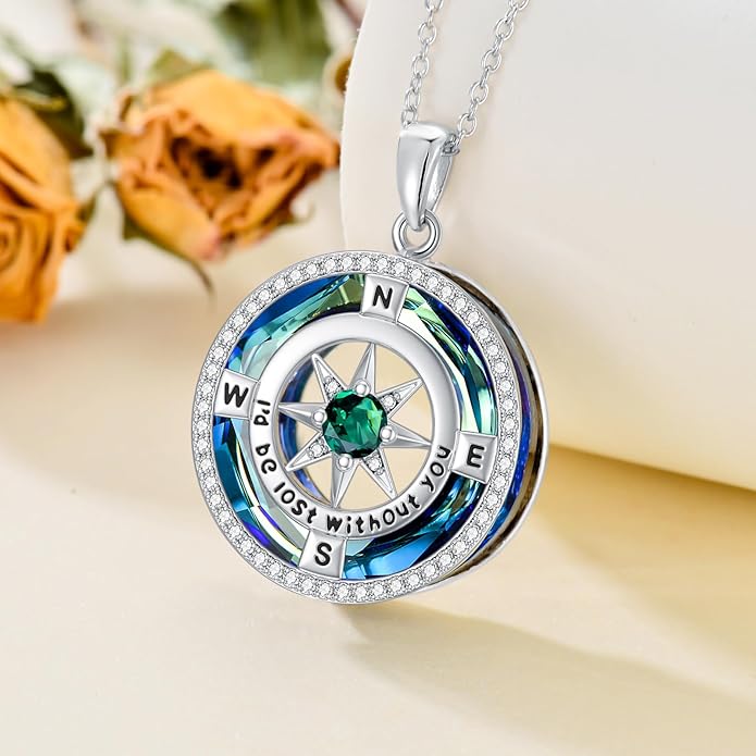 TOUPOP Compass Necklace for Women 925 Sterling Silver I'd be Lost without You Compass Pendant Birthstone Necklaces Anniversary Jewelry Birthday Gift for Girlfriend Wife Graduation Gifts for Her Daugthter