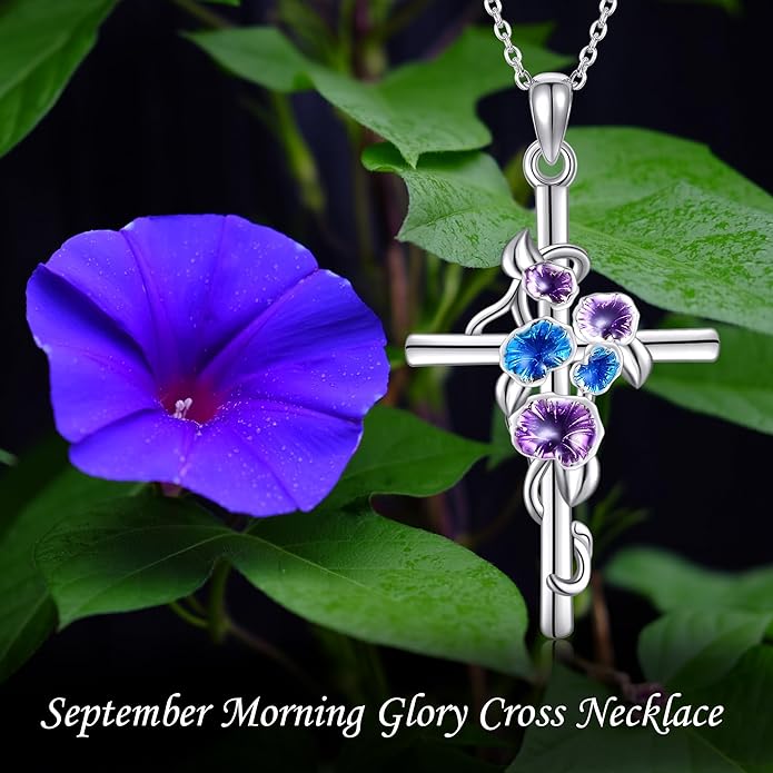Flower Cross Necklace 925 Sterling Silver Carnation/Rose/Lily/Daisy Cross Necklace Birth Flower Jewelry for Women