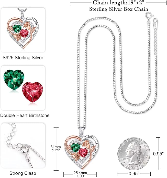 Iefil Birthstone Necklace for Women - Sterling Silver Birthstone Necklace Anniversary Birthday Gifts for Her Wife Mom Daughter