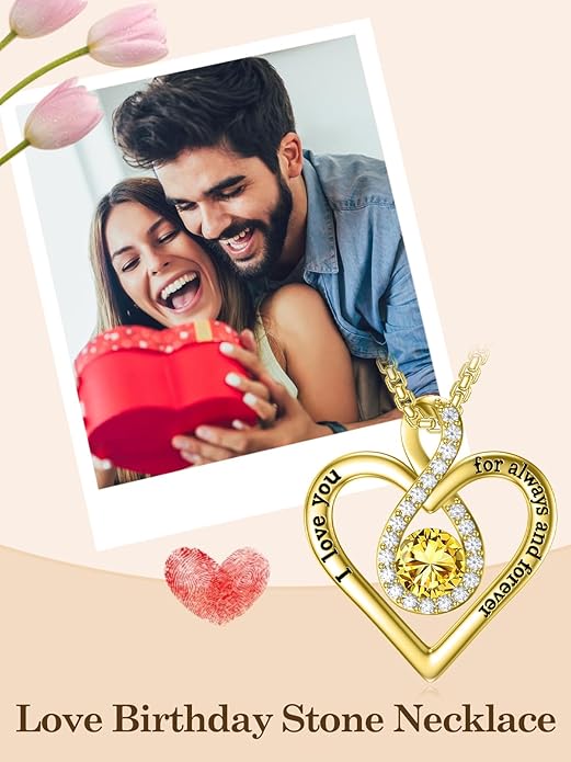 I Love You For Always and Forever Birthstone Necklace Infinity Love Heart Pendant Jewelry Christmas Valentine Mothers Day Birthday Gifts for Women Her Wife Girlfriend