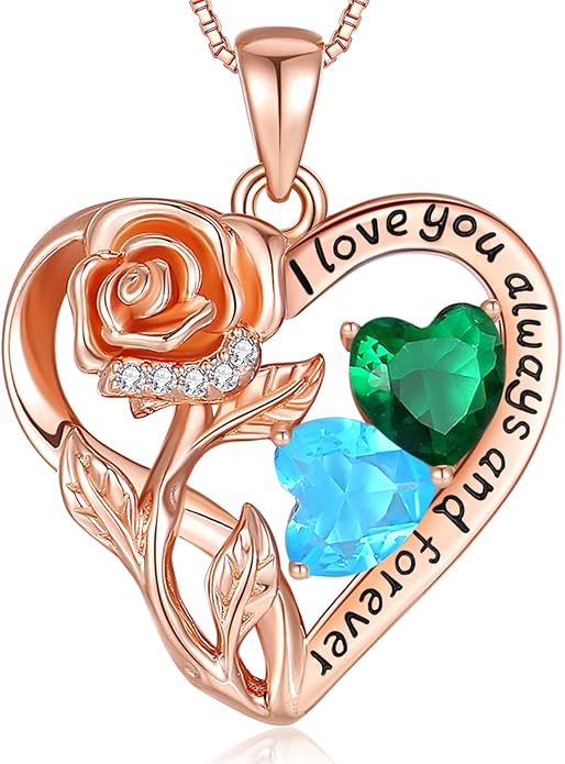 925 Sterling Silver Double Birthstone Rose Flower Heart Jewelry Necklaces for Women Anniversary Love Forever Necklaces for Her Birthday Gifts for Wife Girlfriend Mom Mothers Day Rose Gold