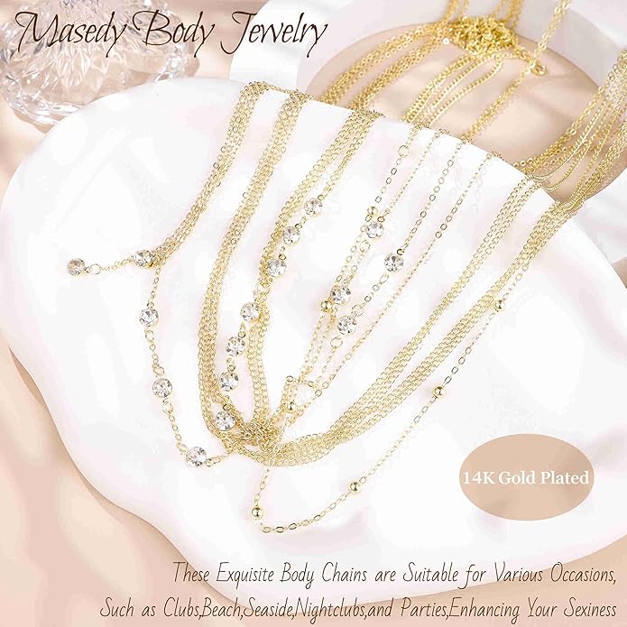 14K Gold Sexy Body Chains for Women Necklace Layered Bikini Bra Chain Crossover Belly Chain Rhinestone Summer Chest Chain Beach Prom Nightclub Body Chain Jewelry