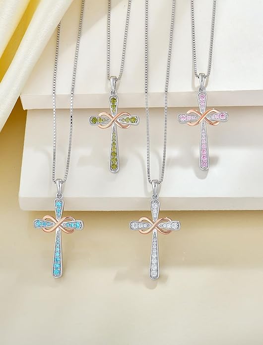 YL 925 Sterling Silver Cross Necklace for Women Halo Infinity Pendant Birthstone Jewelry for Mom