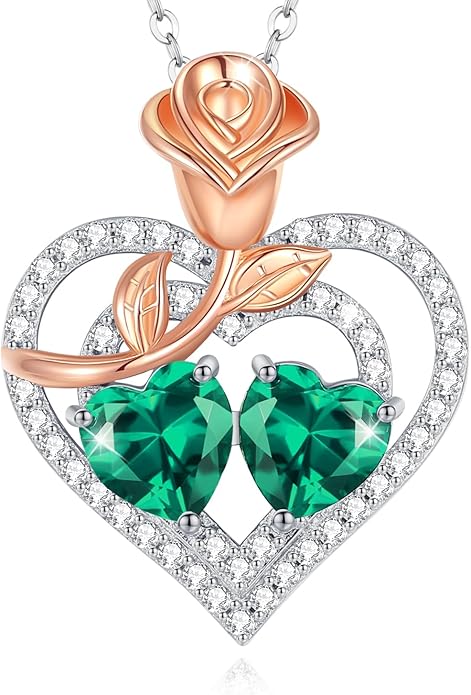 AGVANA Birthstone Necklace for Women Sterling Silver Rose Flower Heart Double Birthstone Jewelry Pendant Necklace Anniversary Birthday Gifts for Women Mom Wife Girlfriend Her