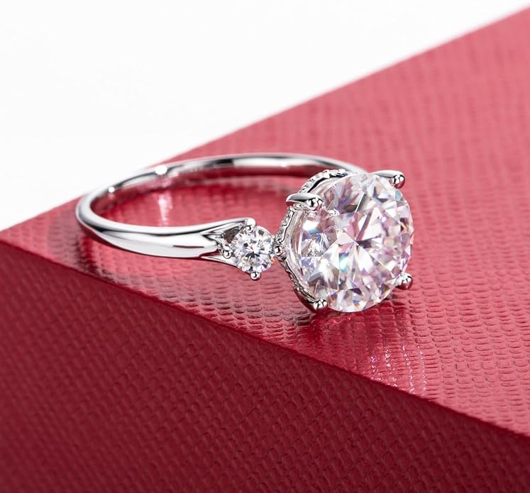 Solid 14K Gold 3.36ct Moissanite Three Stone Rings (3ct Center Stone), Round/Oval/Emerald Shape, Real Gold | D Color and Flawless Moissanite | Wedding Anniversary Ring