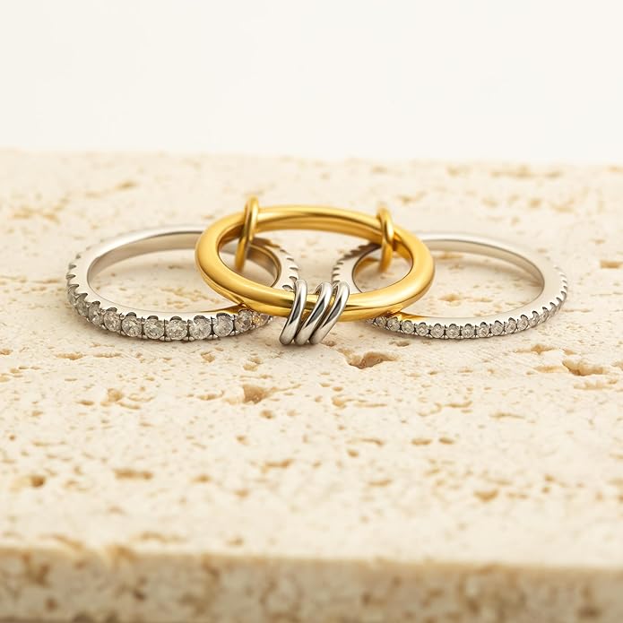 Gold Stackable Rings for Women Non Tarnish, 18k Gold Plated Cubic Zirconia Rings, Silver Gold Multi Ring Mixed Metals Stack Rings Set