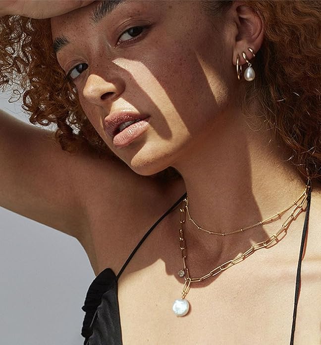 18k Gold Chain Link Necklace for Women, Baroque Pearl/Compass Pendant Necklace