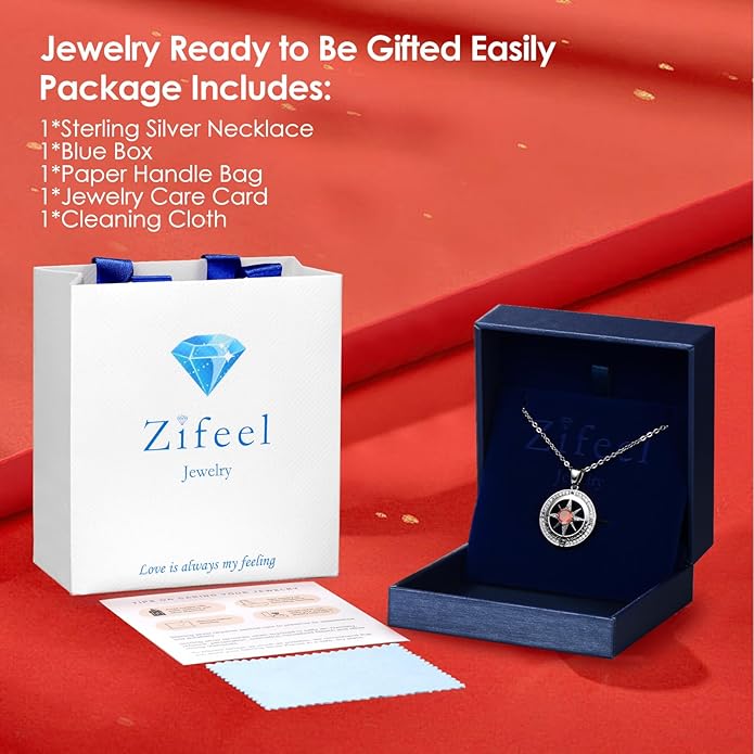 Compass Necklace Gifts for Women wife - S925 Sterling Silver Birthstone Necklaces for Women - Anniversary Birthday Gifts for Her Wife Girlfriend - Valentines Mom Mothers Day Christmas Gifts Jewelry for Women