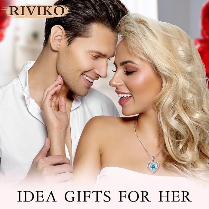 RIVIKO Heart Birthstone Pendant Necklace for Women 925 Sterling Silver Zirconia Necklaces Wedding Anniversary Birthday Mothers Day Jewelry Gifts For Her Mother Wife