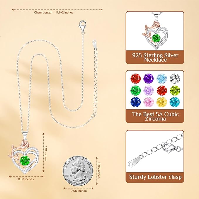 moshen Rose Heart Necklace for Women,925 Sterling Silver Birthstone Pendant - Gift for Women on Valentine's Day, Birthday, Christmas, Anniversary, Mather's Day (05-May-Emerald Green)