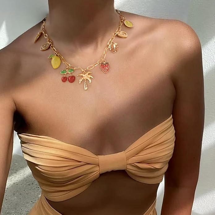 Gold Plated Paperclip Chain Beach Charm Necklace for Women Cute Shell Bow Dainty Beachy Starfish Pearl Seashell Strawberry Fruit Heart Mermaid Summer Jewelry Gift