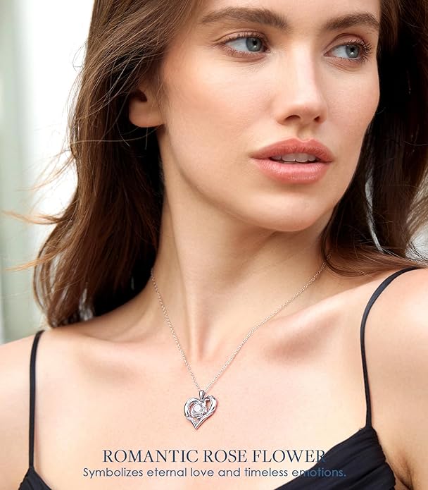 Beam & Bask Rose Flower Heart Moissanite Necklaces for Wife, S925 Silver Pendant for Women, 18K Gold Plated Jewelry for Her Girlfriend Mom for Anniversary Birthday