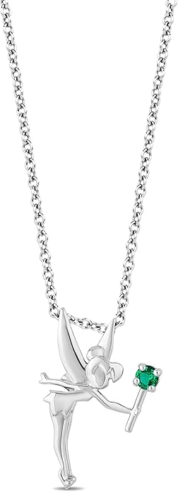 Jewelili Enchanted Disney Fine Jewelry Tinker Bell Pendant Necklace for Women | Sterling Silver | 2.5 MM Round Created Emerald | 18" Cable Chain | Disney Princess Inspired Jewelry Gifts for Her |
