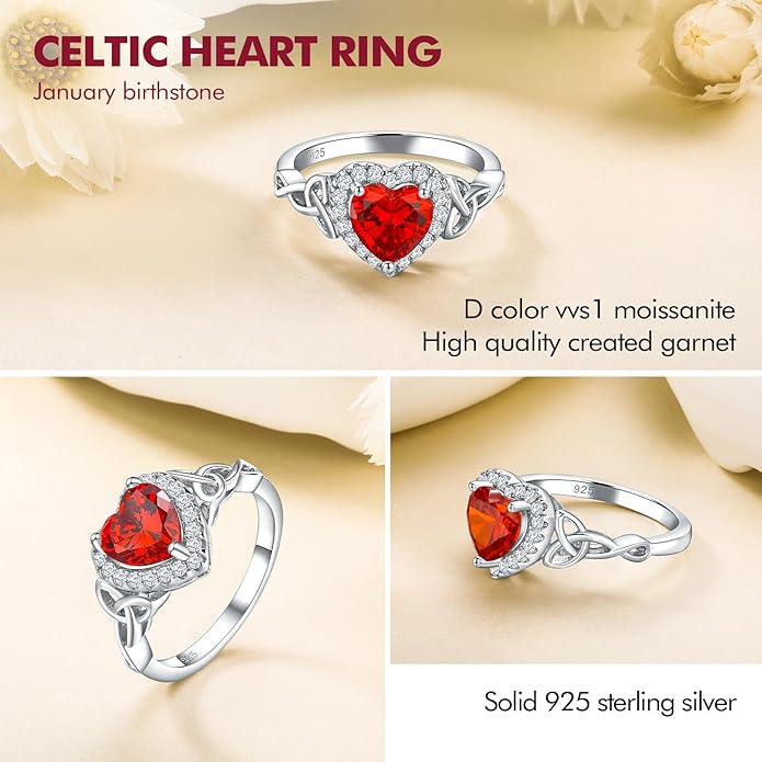 DAYBYDAY Celtic Birthstone Rings for Women 925 Sterling Silver Heart/Round/Pear/Oval Created Gemstone Moissanite Halo Engagement Promise Rings for Her Wife Birthday Anniversary Wedding Jewelry