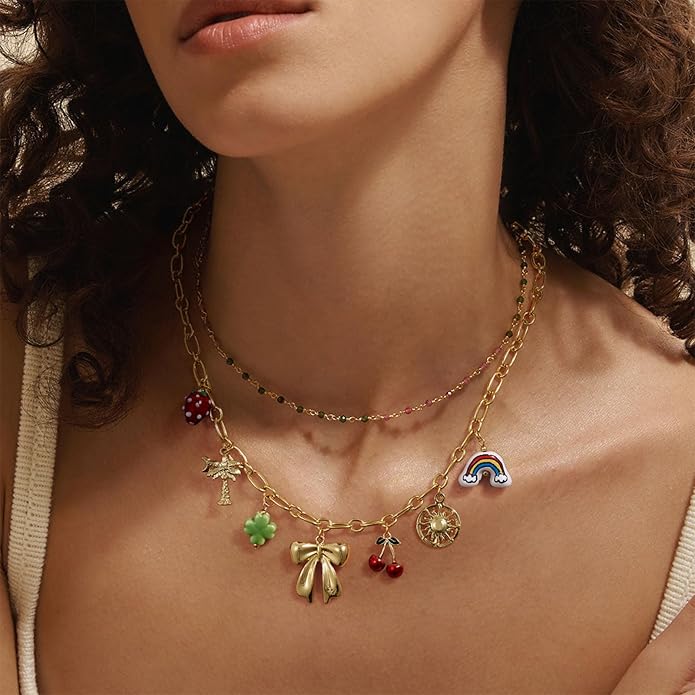 KissYan Charm Necklace for Women, 14K Gold Plated Heart Starfish Sun Pendant Fashion Link Chain Boho Summer Beach Jewelry Gifts