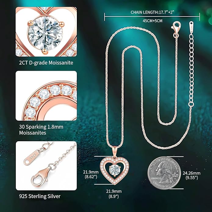 Full Moissanite Heart Necklace - No CZ! 2ct Vibrant Birthstone & 30 White Gems | 12 Month Gifts for Wife, Mom, Her | Anniversary, Valentine's Day, Mother's Day Jewelry