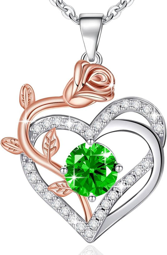 moshen Rose Heart Necklace for Women,925 Sterling Silver Birthstone Pendant - Gift for Women on Valentine's Day, Birthday, Christmas, Anniversary, Mather's Day (05-May-Emerald Green)