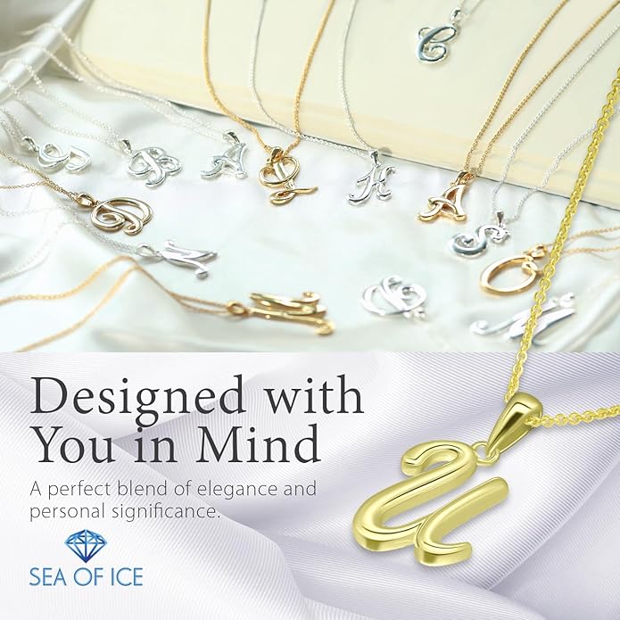SEA OF ICE Letter Initial Necklace, Alphabet Letter Pendant Necklace, Sterling Silver, Gold, Rose Gold Necklace for Women, Elegant Initial Necklaces, Personalized Custom Women's Necklaces