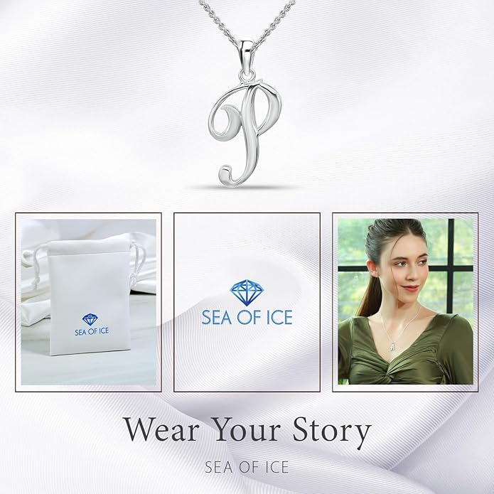 SEA OF ICE Letter Initial Necklace, Alphabet Letter Pendant Necklace, Sterling Silver, Gold, Rose Gold Necklace for Women, Elegant Initial Necklaces, Personalized Custom Women's Necklaces
