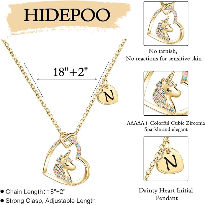 Hidepoo Unicorn Necklace Gifts for Girls Daughter - Colorful CZ Heart Pendant Initial Unicorn Necklaces for Girl Teens Little Girls Jewelry Birthday Gift