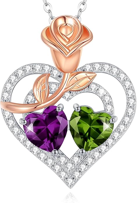 AGVANA Birthstone Necklace for Women Sterling Silver Rose Flower Heart Double Birthstone Jewelry Pendant Necklace Anniversary Birthday Gifts for Women Mom Wife Girlfriend Her