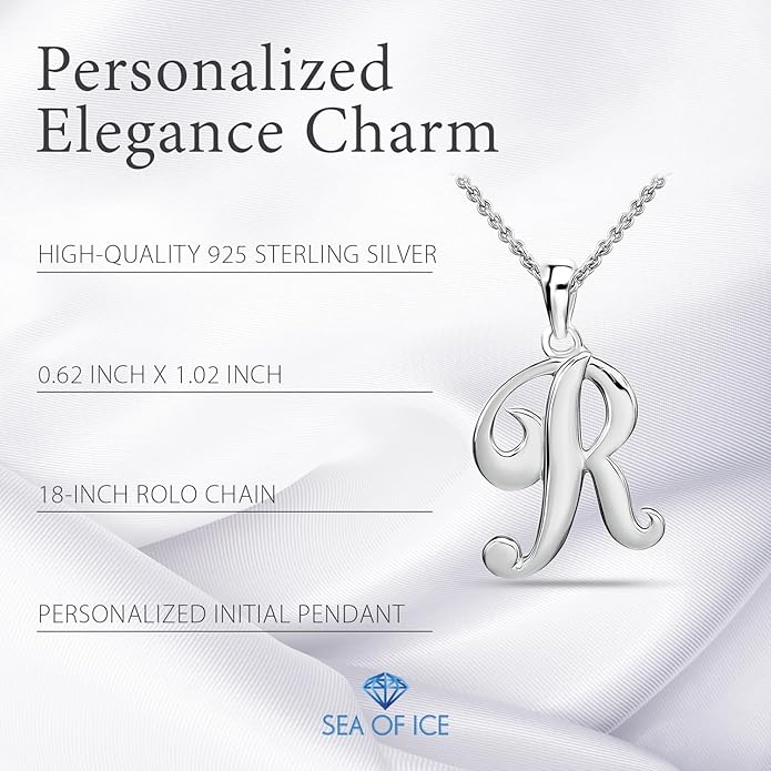 SEA OF ICE Letter Initial Necklace, Alphabet Letter Pendant Necklace, Sterling Silver, Gold, Rose Gold Necklace for Women, Elegant Initial Necklaces, Personalized Custom Women's Necklaces