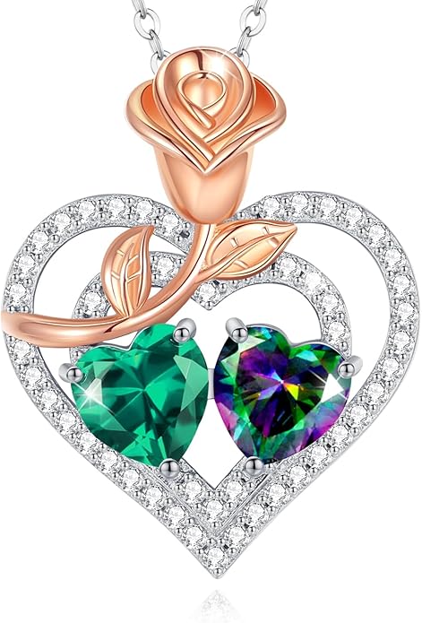 AGVANA Birthstone Necklace for Women Sterling Silver Rose Flower Heart Double Birthstone Jewelry Pendant Necklace Anniversary Birthday Gifts for Women Mom Wife Girlfriend Her