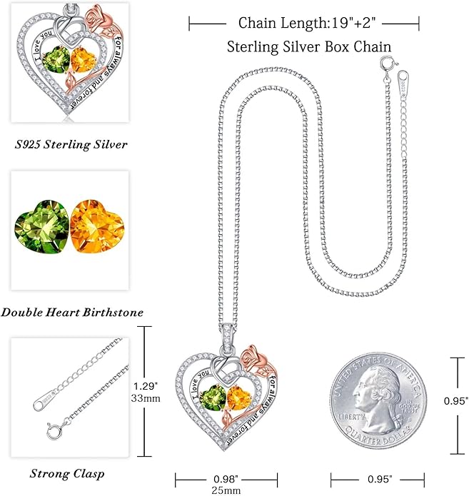 Iefil Rose Heart Necklace Gifts for Wife Women - 925 Sterling Silver Double Birthstone Necklace, Anniversary Birthday Gifts for Women, Jewelry Gift for Wife Girlfriend Mom Her