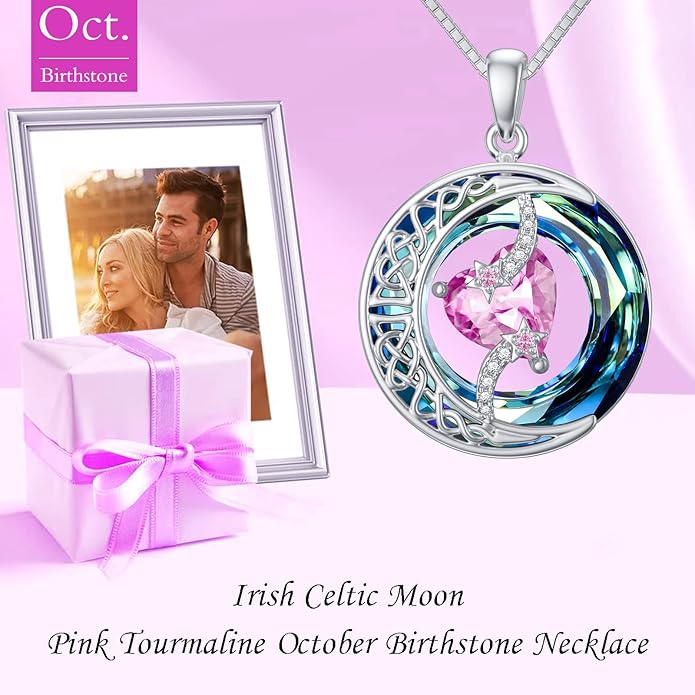 TOUPOP Birthstone Necklace 925 Sterling Silver Moon and Star Pendant with Blue Crystal Celtic Moon Jewelry Birthday Christmas Gifts for Women Mom Wife Her Daughter