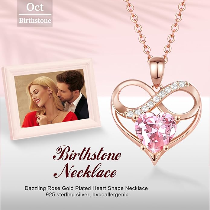 Rose Gold Birthstone Necklaces Heart Birthstone Pendant Necklaces For Women Valentine's Day Mother's Day Anniversary Christmas Gifts